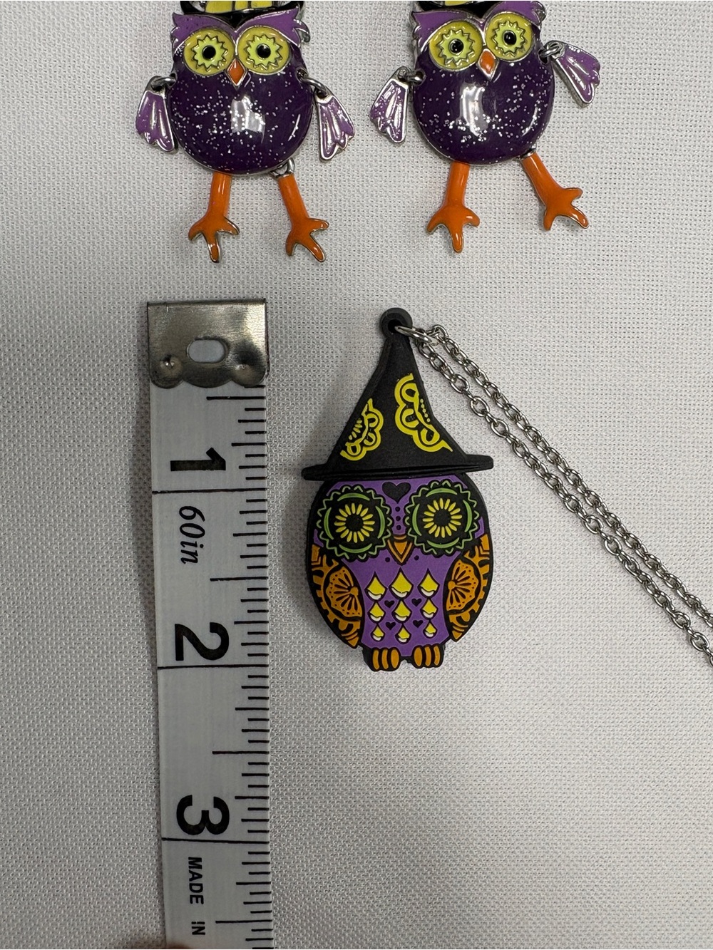 Purple & Orange Owl Halloween Earrings and Necklace Day of the dead - Picture 4 of 8